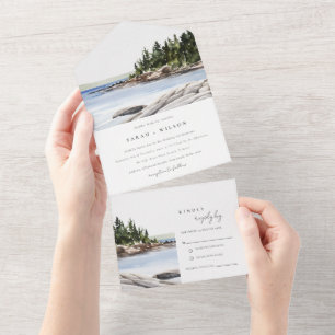 Rocky Pine Mountain Watercolor Seascape Wedding All In One Invitation