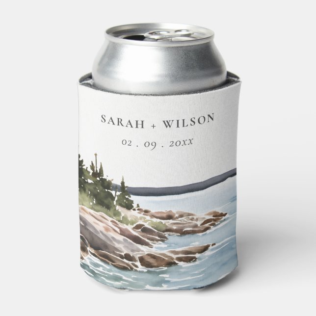Rocky Pine Mountain Watercolor Seascape Wedding Can Cooler (Can Front)