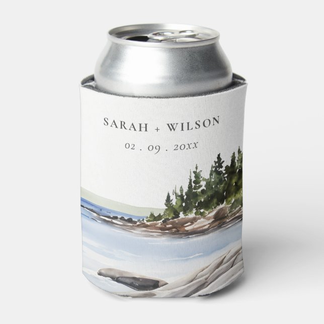 Rocky Pine Mountain Watercolor Seascape Wedding Can Cooler (Can Front)