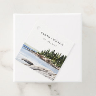 Rocky Pine Mountain Watercolor Seascape Wedding Favour Tags