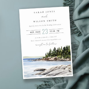 Rocky Pine Mountain Watercolor Seascape Wedding Invitation