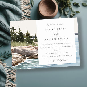 Rocky Pine Mountain Watercolor Seascape Wedding Invitation