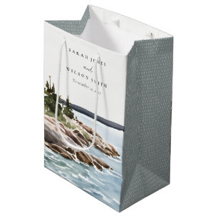 Rocky Pine Mountain Watercolor Seascape Wedding Medium Gift Bag