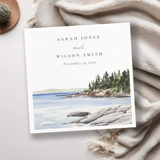 Rocky Pine Mountain Watercolor Seascape Wedding Napkin (Creator Uploaded)