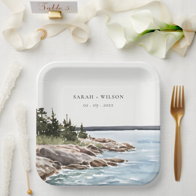 Rocky Pine Mountain Watercolor Seascape Wedding Paper Plate (Wedding)