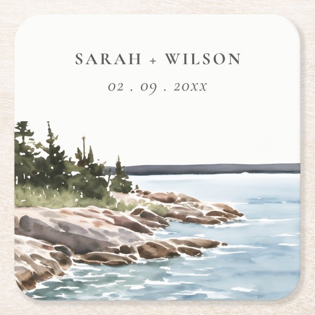 Rocky Pine Mountain Watercolor Seascape Wedding Square Paper Coaster (Front)