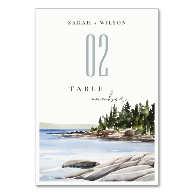 Rocky Pine Mountain Watercolor Seascape Wedding Table Number (Front)
