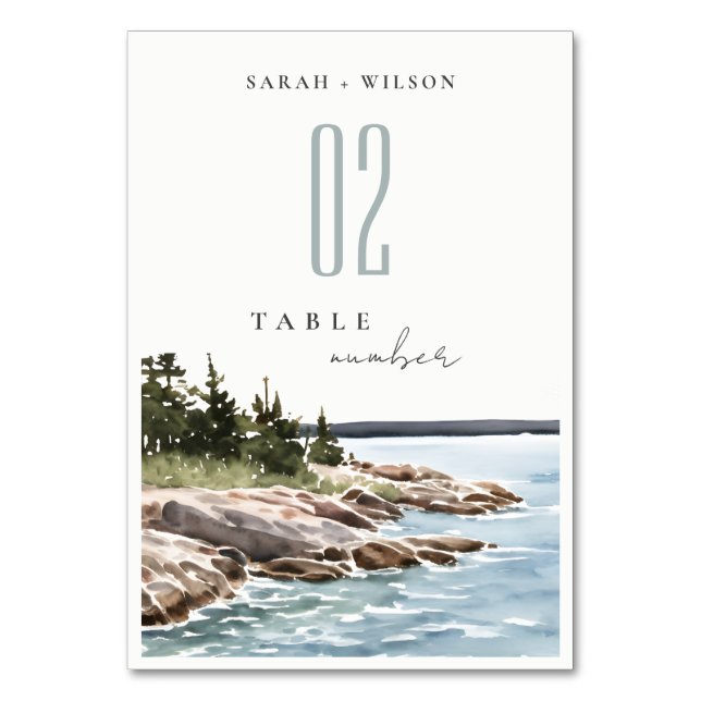 Rocky Pine Mountain Watercolor Seascape Wedding Table Number (Front)