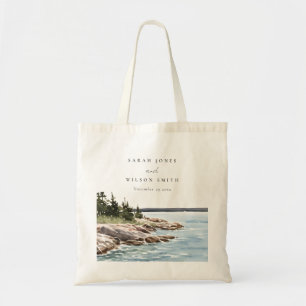 Rocky Pine Mountain Watercolor Seascape Wedding Tote Bag