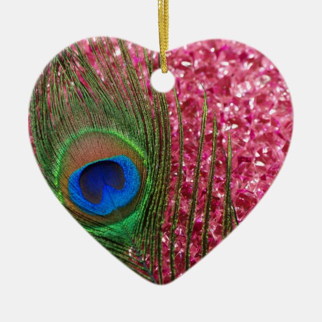 Rocky Pink Peacock Feather Ceramic Tree Decoration (Front)