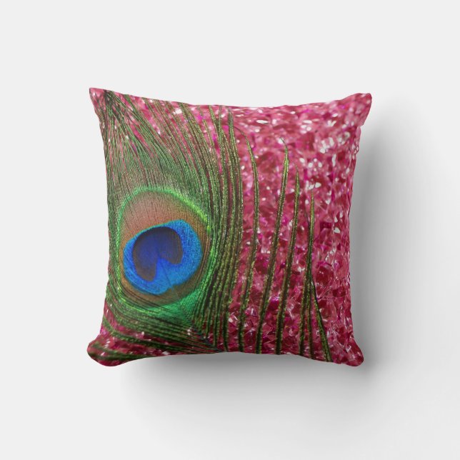 Rocky Pink Peacock Feather Still Life Cushion (Front)