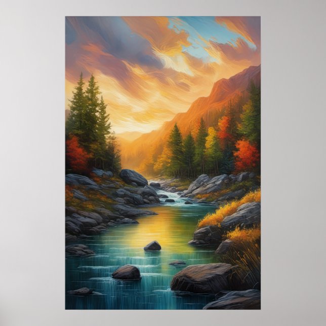 Rocky Riverbanks and Autumn Forest Under Sunset Poster (Front)