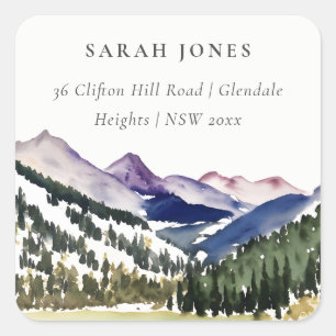 Rocky Snow Mountain Watercolor Landscape Address Square Sticker