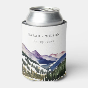 Rocky Snow Mountain Watercolor Landscape Wedding Can Cooler