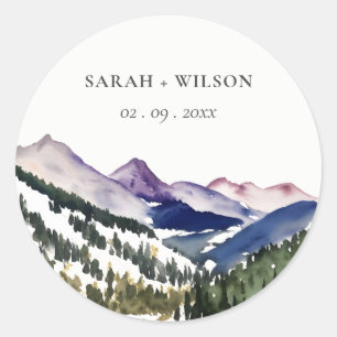 Rocky Snow Mountain Watercolor Landscape Wedding Classic Round Sticker