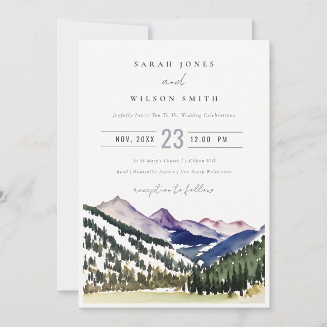 Rocky Snow Mountain Watercolor Landscape Wedding Invitation (Front)