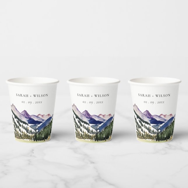 Rocky Snow Mountain Watercolor Landscape Wedding Paper Cups (Multi)