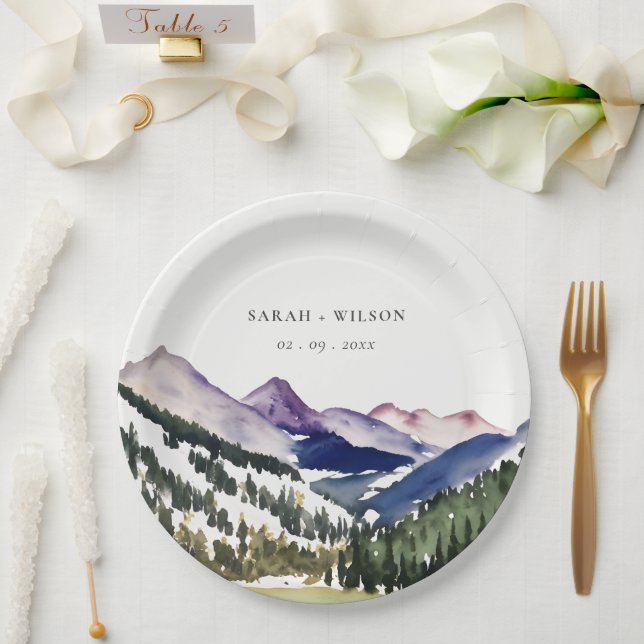 Rocky Snow Mountain Watercolor Landscape Wedding Paper Plate (Wedding)