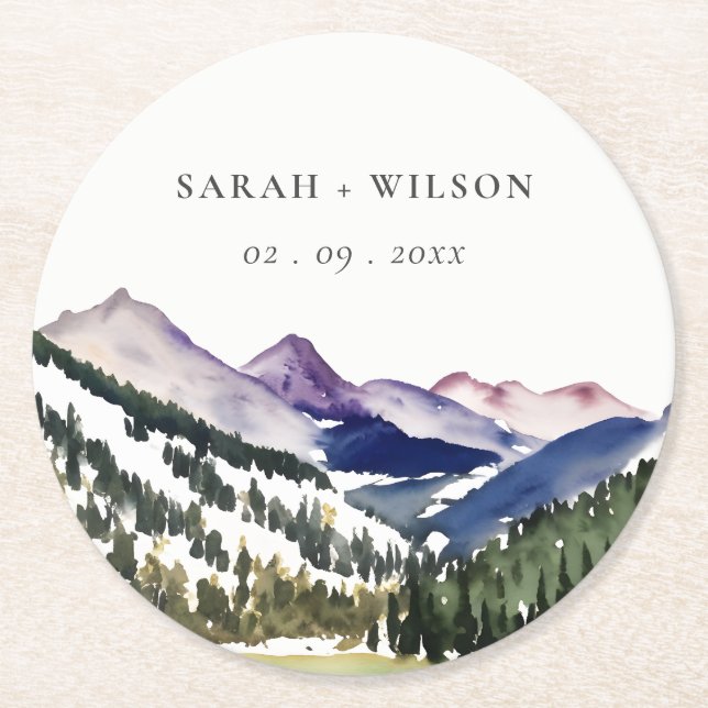 Rocky Snow Mountain Watercolor Landscape Wedding Round Paper Coaster (Front)