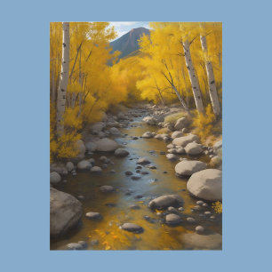 Rocky Stream With Gold Aspen Trees, Painting Postcard