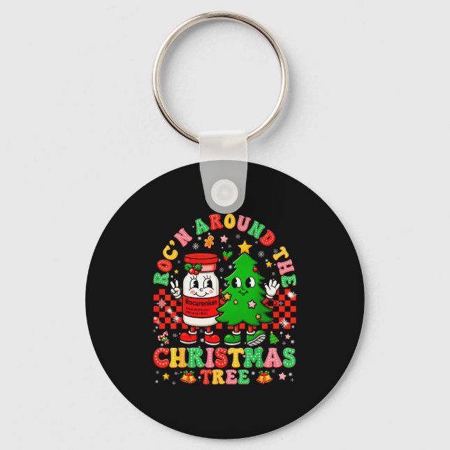 Rocn Around The Christmas Tree Nurse Icu Pjs Xmas  Key Ring (Front)