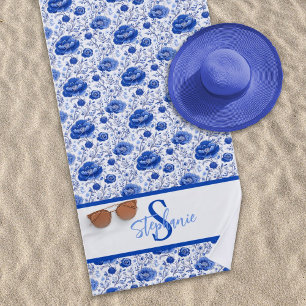 Rococo Blue Floral Elegance Monogram Name Beach Towel