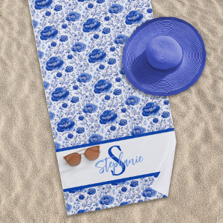 Rococo Blue Floral Elegance Monogram Name Beach Towel