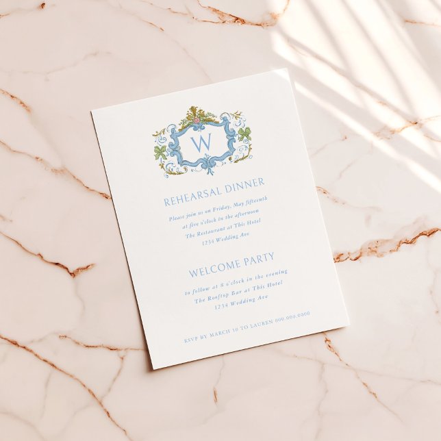 Rococo Blue Monogram Crest Rehearsal Dinner Invitation (Creator Uploaded)
