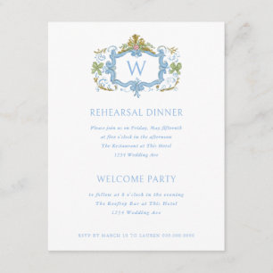 Rococo Blue Monogram Crest Rehearsal Dinner Invitation