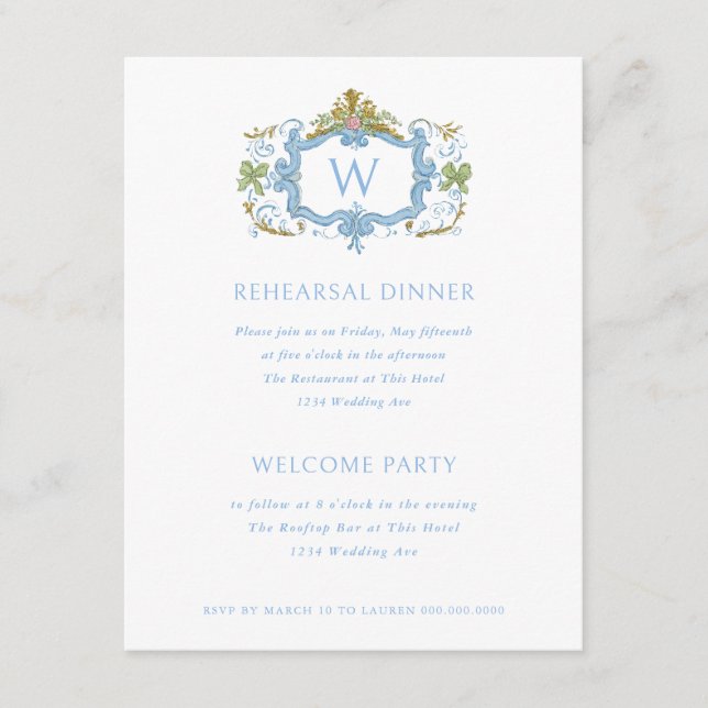 Rococo Blue Monogram Crest Rehearsal Dinner Invitation (Front)