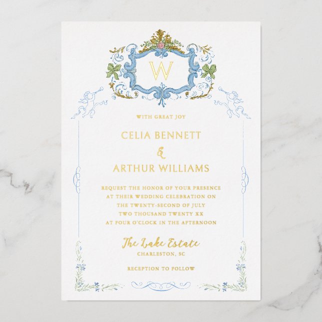 Rococo Blue Monogram Crest Wedding (Front)