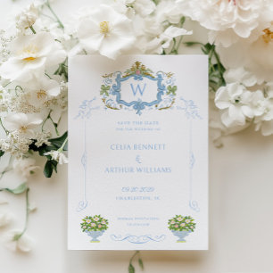 Rococo Blue Monogram Crest Wedding Save The Date