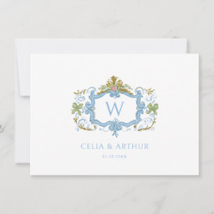 Rococo Blue Monogram Crest Wedding  Thank You Card