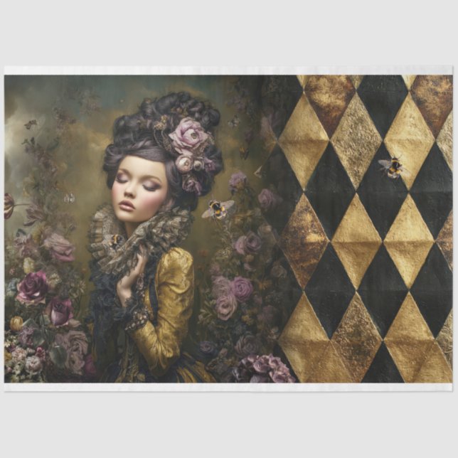 Rococo Buzz Victorian Woman Checkers Floral & Bee Tissue Paper (Front)