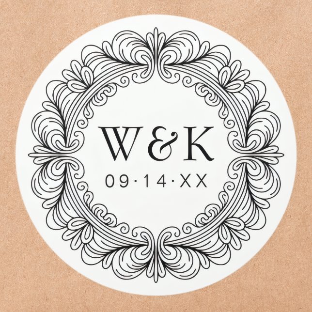 Rococo Couple's Initials Wedding or Save the Date Classic Round Sticker (Creator Uploaded)