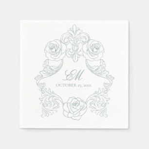 Rococo Crest Monogram Dusty Blue Wedding Logo Napkin