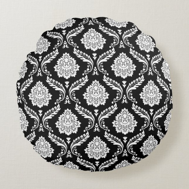 Rococo Damask 2Way Pattern Black+White Round Cushion (Front)