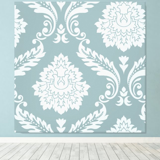 Rococo Damask Art I Duck Egg Blue+Teal Canvas Print (Insitu(Wood Floor))