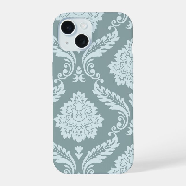 Rococo Damask Art I Duck Egg Blue+Teal iPhone 15 Case (Back)