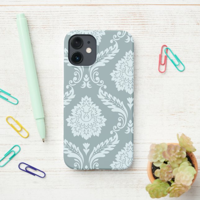 Rococo Damask Art I Duck Egg Blue+Teal iPhone Case (On Desk)