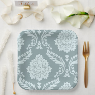 Rococo Damask Art I Duck Egg Blue+Teal Paper Plate