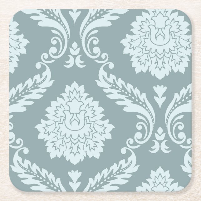 Rococo Damask Art I Duck Egg Blue+Teal Square Paper Coaster (Front)