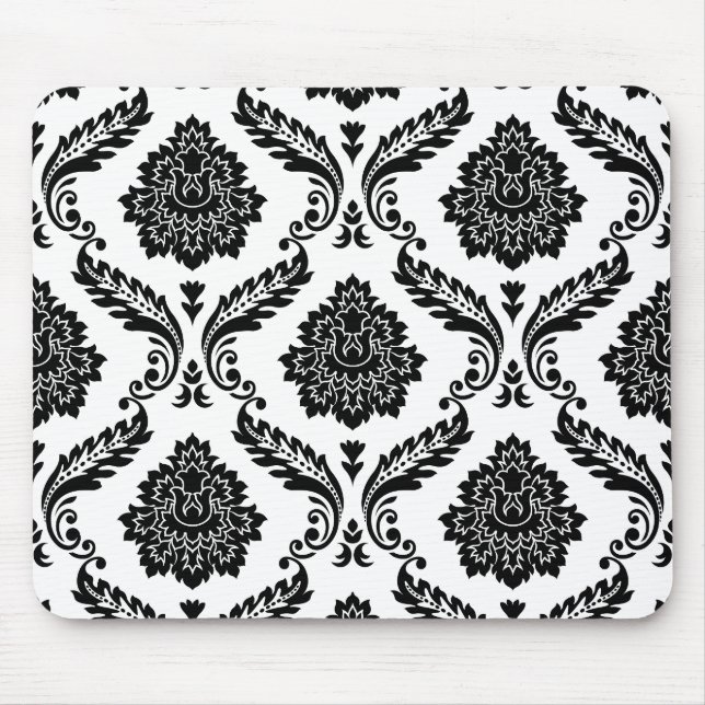 Rococo Damask Big Pattern Black on White Mouse Mat (Front)