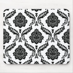 Rococo Damask Big Pattern Black on White Mouse Mat
