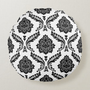 Rococo Damask Big Pattern Black on White Round Cushion