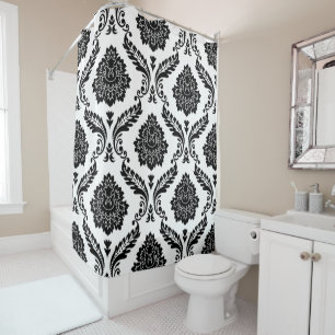 Rococo Damask Big Pattern Black on White Shower Curtain