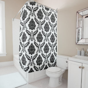 Rococo Damask Big Pattern Black on White Shower Curtain