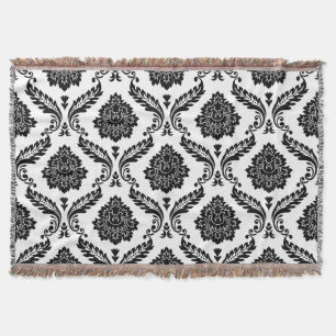Rococo Damask Big Pattern Black on White Throw Blanket