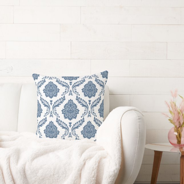 Rococo Damask Big Pattern Blue on White Cushion (Couch)