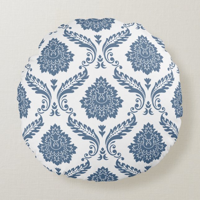 Rococo Damask Big Pattern Blue on White Round Cushion (Front)